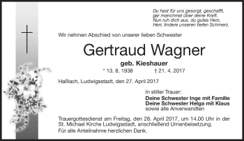 Traueranzeige von Gertraud Wagner von Neue Presse Coburg