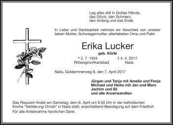 Traueranzeige von Erika Luckner von Frankenpost