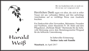 Traueranzeige von Harald Weiß von Südthüringer Presse