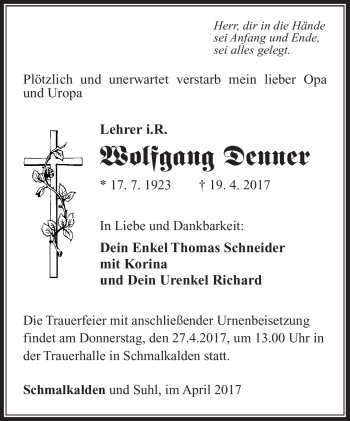 Traueranzeige von Wolfgang Denner von Südthüringer Presse