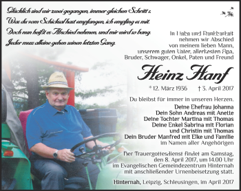 Traueranzeige von Heinz Hanf von Südthüringer Presse