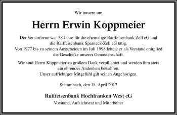 Traueranzeige von Erwin Koppmeier von Frankenpost