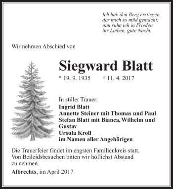 Traueranzeige von Siegward Blatt von Südthüringer Presse
