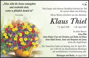 Traueranzeige von Klaus Thiel von Südthüringer Presse