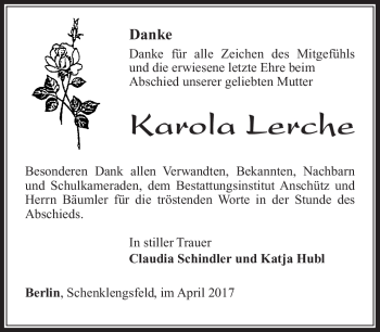 Traueranzeige von Karola Lerche von Südthüringer Presse