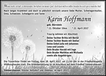 Traueranzeige von Karin Hoffmann von Südthüringer Presse