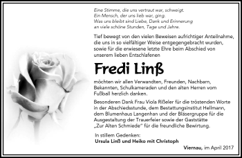 Traueranzeige von Fredi Linß von Südthüringer Presse