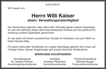 Traueranzeige von Willi Kaiser von Frankenpost