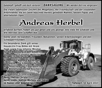 Traueranzeige von Andreas Herbel von Südthüringer Presse