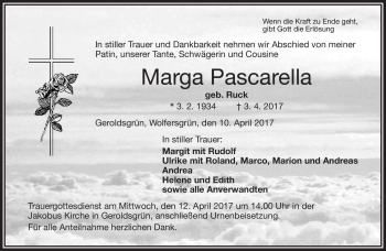 Traueranzeige von Marga Pascarella von Frankenpost