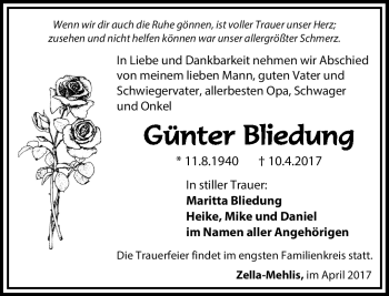 Traueranzeige von Günter Bliedung von Südthüringer Presse