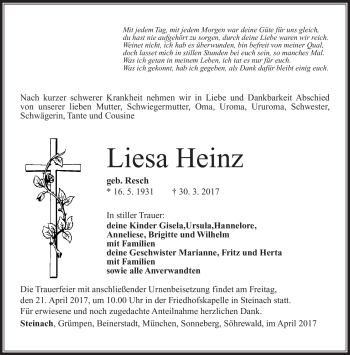 Traueranzeige von Liesa Heinz von Südthüringer Presse
