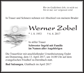 Traueranzeige von Werner Zobel von Südthüringer Presse