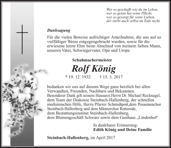 Traueranzeige von Rolf König von Südthüringer Presse