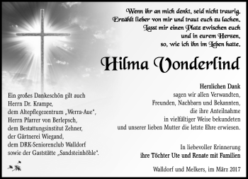 Traueranzeige von Hilma Vonderlind von Südthüringer Presse