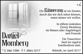 Traueranzeige von Daniel Momberg von Südthüringer Presse