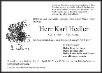 Traueranzeige von Karl Hedler von Frankenpost