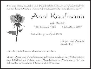 Traueranzeige von Anni Kaufmann von Frankenpost