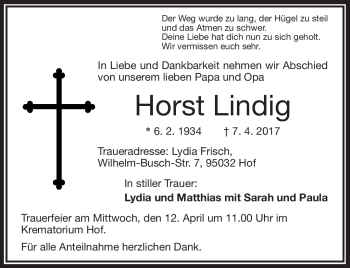 Traueranzeige von Horst Lindig von Frankenpost
