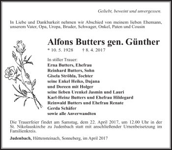 Traueranzeige von Alfons Butters von Südthüringer Presse