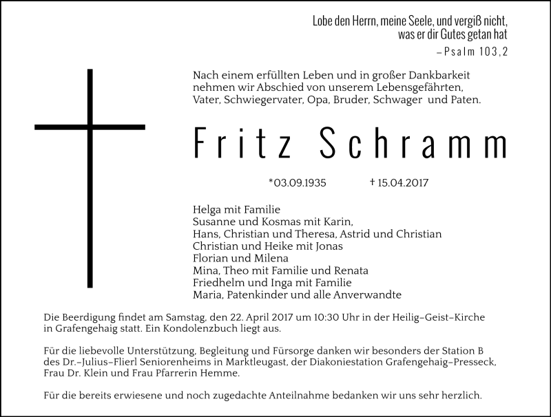  Traueranzeige für Fritz Schramm vom 19.04.2017 aus Frankenpost