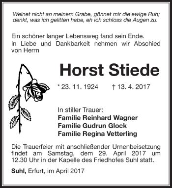Traueranzeige von Horst Stiede von Südthüringer Presse