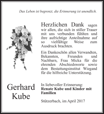Traueranzeige von Gerhard Kube von Südthüringer Presse