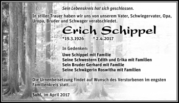 Traueranzeige von Erich Schippel von Südthüringer Presse