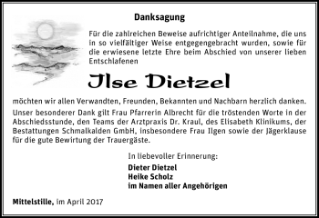 Traueranzeige von Ilse Dietzel von Südthüringer Presse