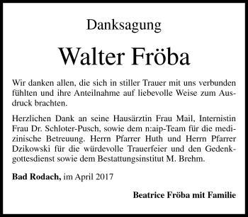 Traueranzeige von Walter Fröba von Neue Presse Coburg