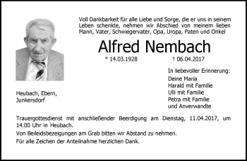 Traueranzeige von Alfred Nembach von Neue Presse Coburg