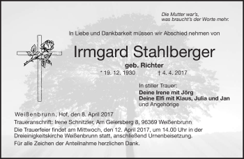 Traueranzeige von Irmgard Stahlberger von Neue Presse Coburg