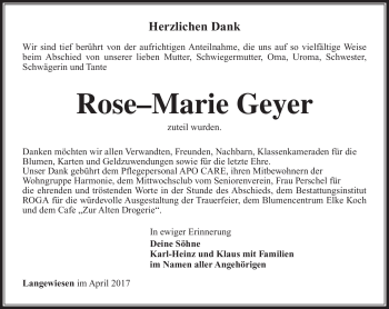 Traueranzeige von Rose-Marie Geyer von Südthüringer Presse