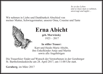 Traueranzeige von Erna Abicht von Südthüringer Presse