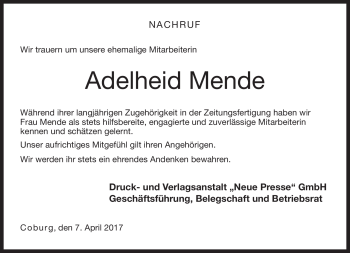 Traueranzeige von Adelheid Mende von Neue Presse Coburg