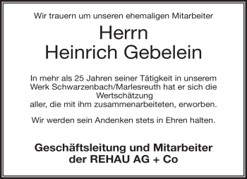 Traueranzeige von Heinrich Gebelein von Frankenpost