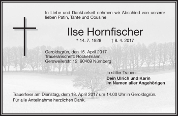 Traueranzeige von Hornfischer Ilse von Frankenpost