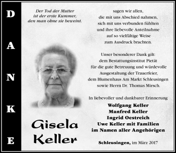 Traueranzeige von Gisela Keller von Südthüringer Presse