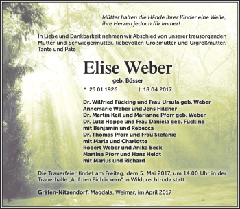 Traueranzeige von Elise Weber von Südthüringer Presse