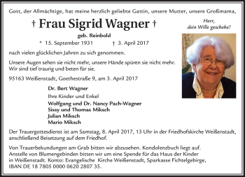 Traueranzeige von Sigrid Wagner von Frankenpost