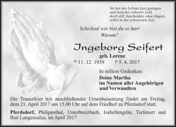 Traueranzeige von Ingeborg Seifert von Südthüringer Presse
