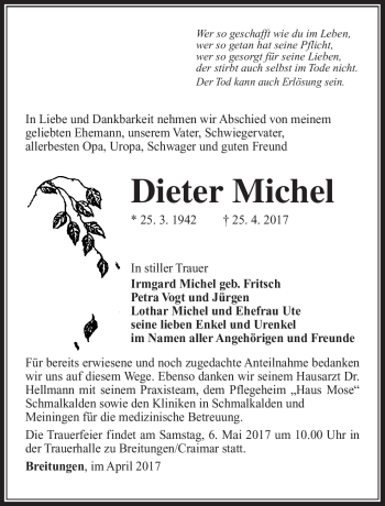 Traueranzeige von Dieter Michel von Südthüringer Presse