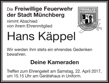 Traueranzeige von Hans Käppel von Frankenpost