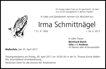 Traueranzeige von Irma Schmittnägel von Neue Presse Coburg