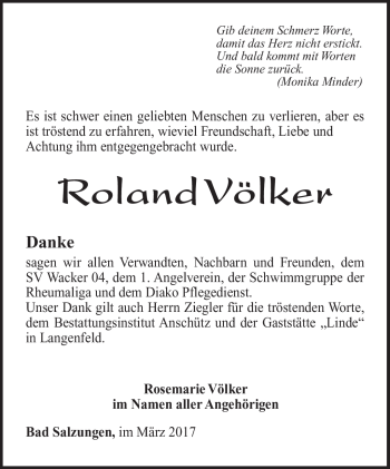 Traueranzeige von Roland Völker von Südthüringer Presse