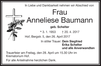 Traueranzeige von Anneliese Baumann von Frankenpost