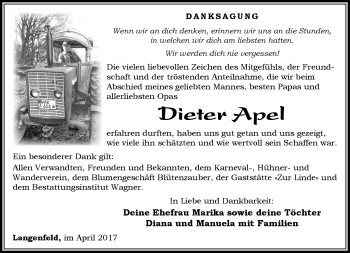 Traueranzeige von Dieter Apel von Südthüringer Presse