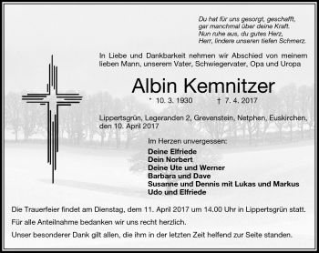 Traueranzeige von Albin Kemnitzer von Frankenpost
