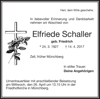 Traueranzeige von Elfriede Schaller von Frankenpost