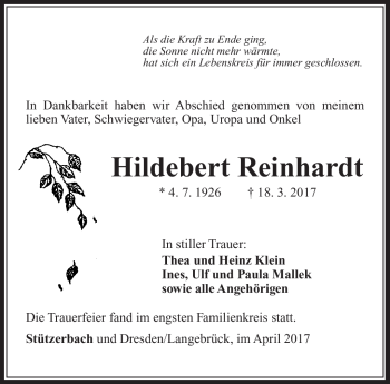 Traueranzeige von Hildebert Reinhardt von Südthüringer Presse